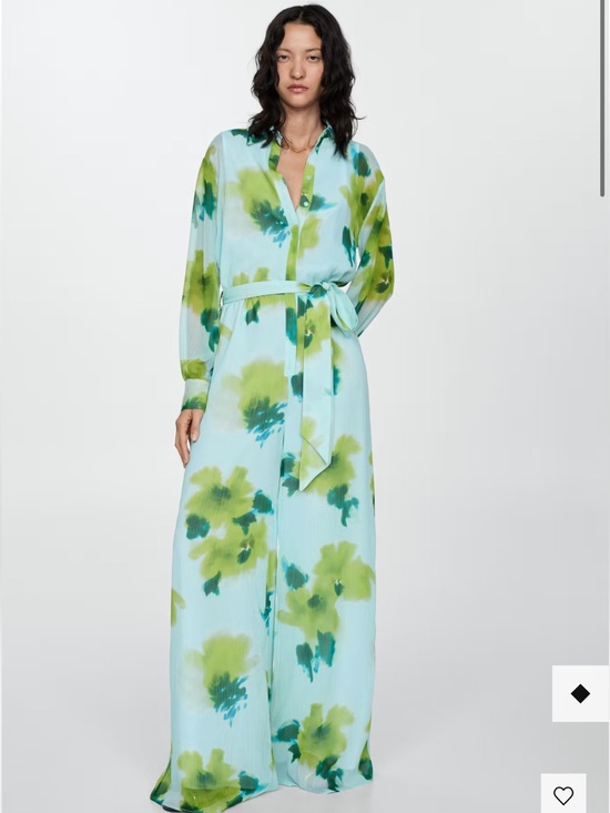 Mango Pants - Mango Aqua and Green Floral Tie-Waist Maxi Dress